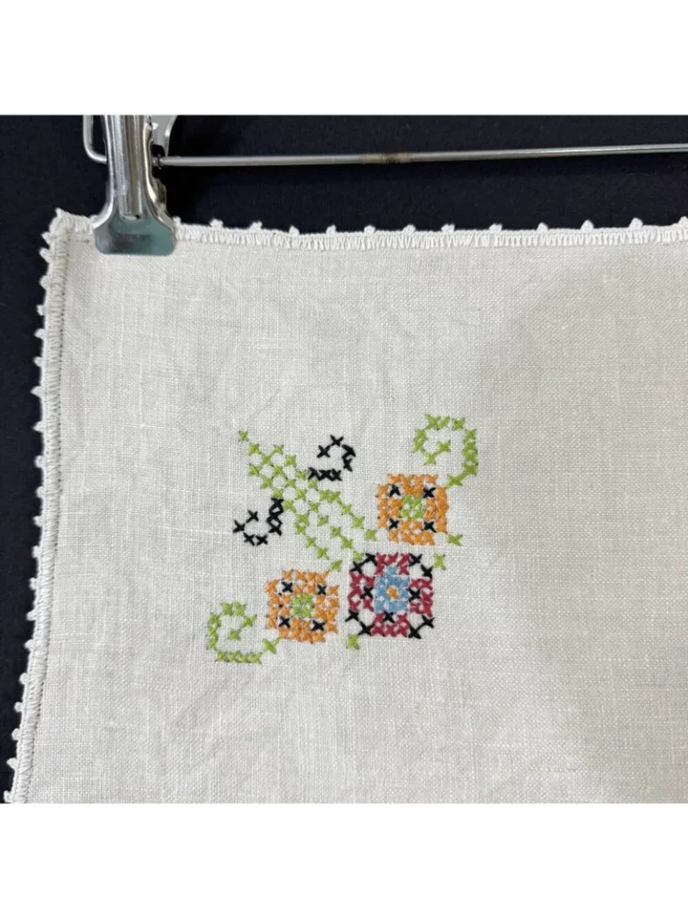 Embroidered Tablecloth Cross Stitch Design Flowers Birds Square Vintage 1950s